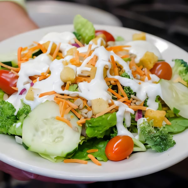 A fresh garden salad with lettuce, tomatoes, cucumbers, carrots, croutons, and ranch dressing.
