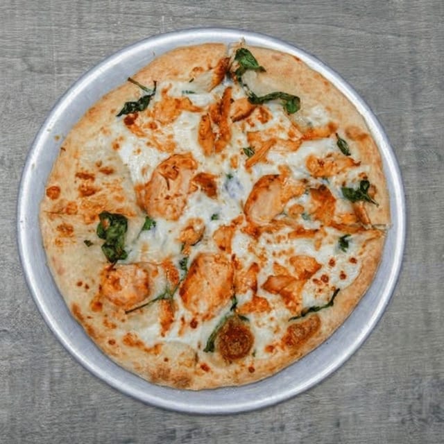Chicken Spinach Alfredo Pizza.