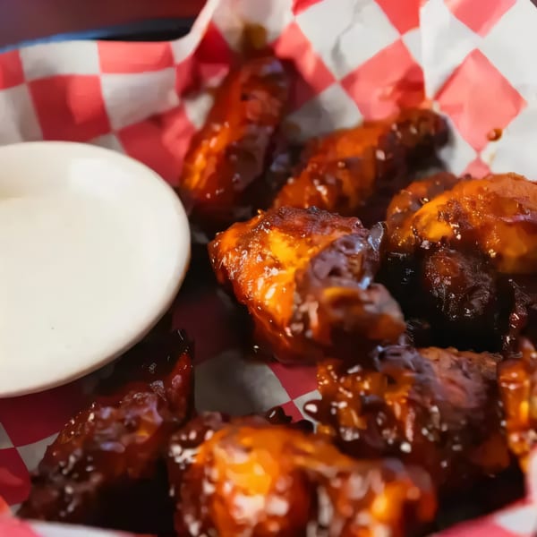 Grace's Place Pizzeria's BBQ chicken wings in a red and white checkered paper-lined basket with dipping sauce.