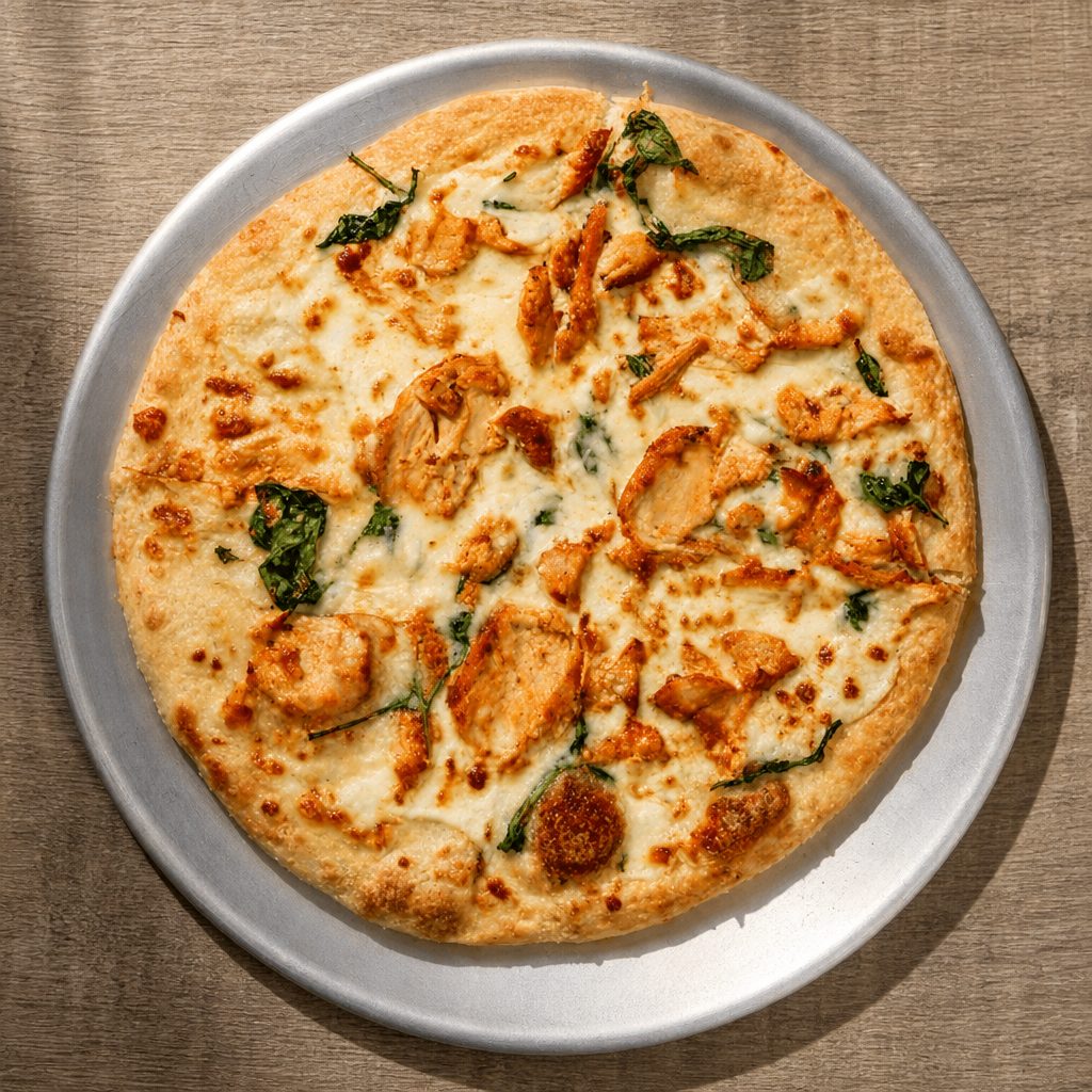 Chicken Spinach Alfredo Pizza.